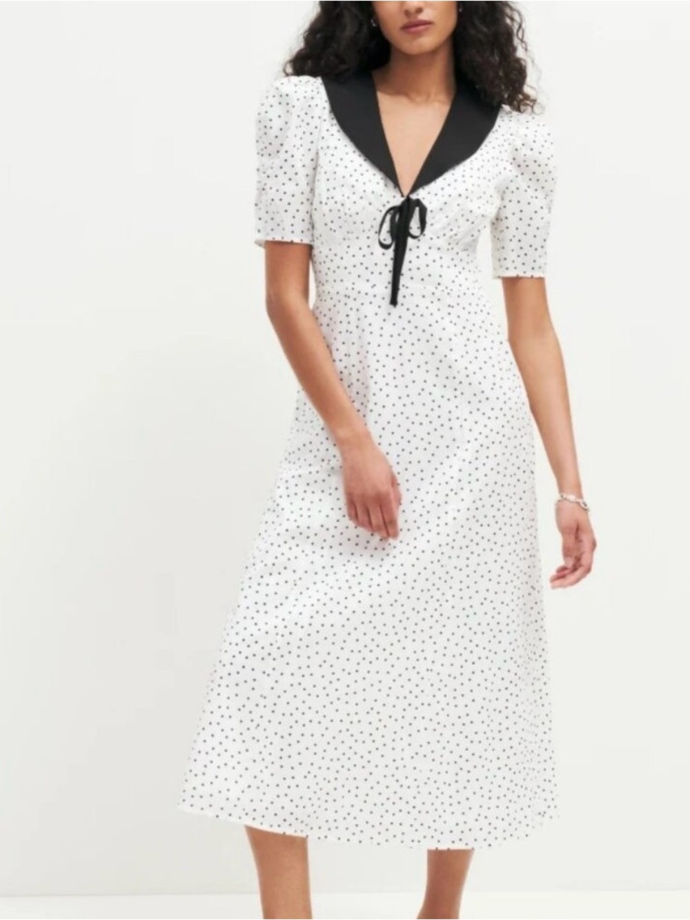 Reformation White with Black Polka Dot Midi Dress with Black Collar